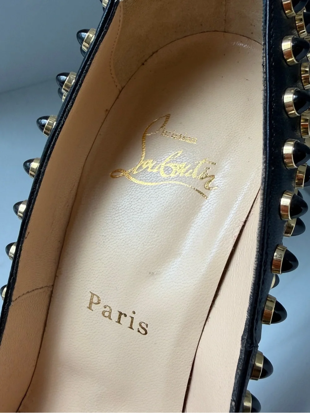 Christian Louboutin Black Leather Pointed-Toe Pumps with Gold Studs